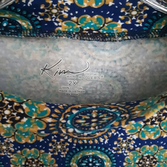 Kim Rogers Mock Neck Shirt Womens 2X  Green  Blue Yellow Long Sleeve Cotton - Picture 8 of 9